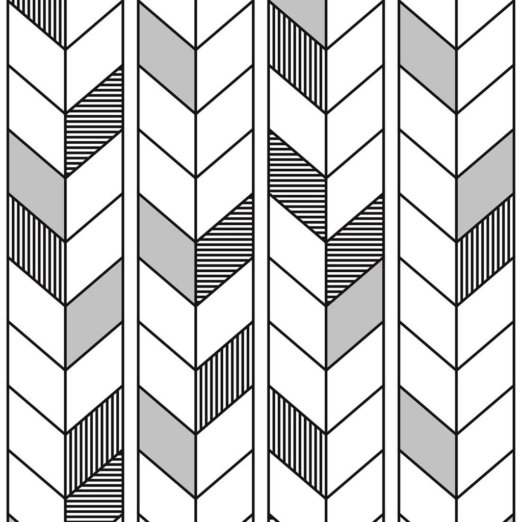 Dizajnová čierno-biela tapeta so vzorom RYBIA KOSŤ, HERRINGBONE, kontúry, obrysy v štýle BOHO - Dekoori obrázok 1
