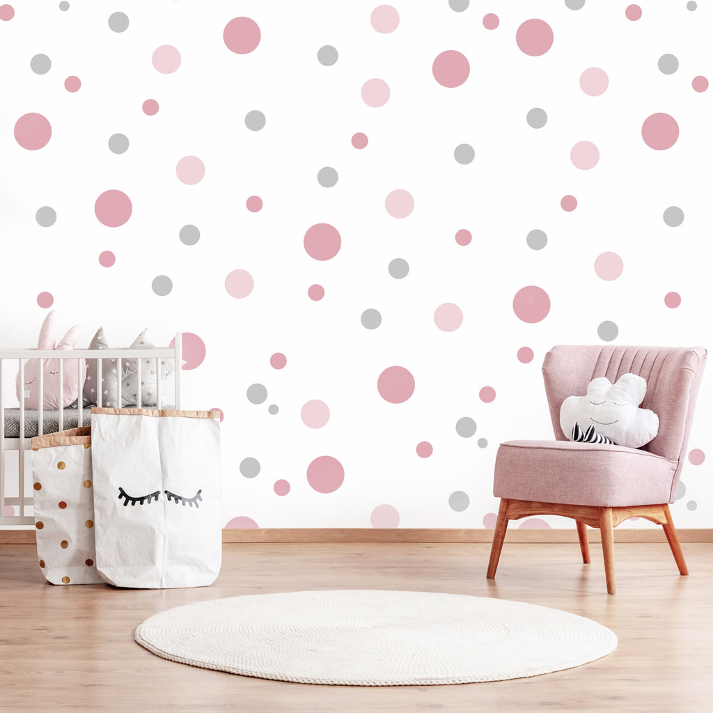 Štýlová tapeta do detskej izby s ružovými a sivými bublinami, bodkami - Dekoori obrázok 2