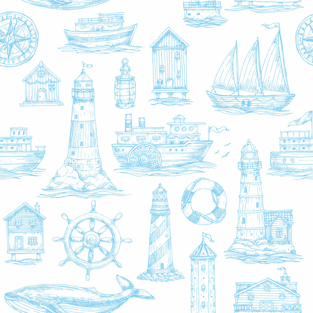 Svetlá tapeta s morským, námorníckym motívom, majáky a lode, biela a modrá - Dekoori obrázok 1