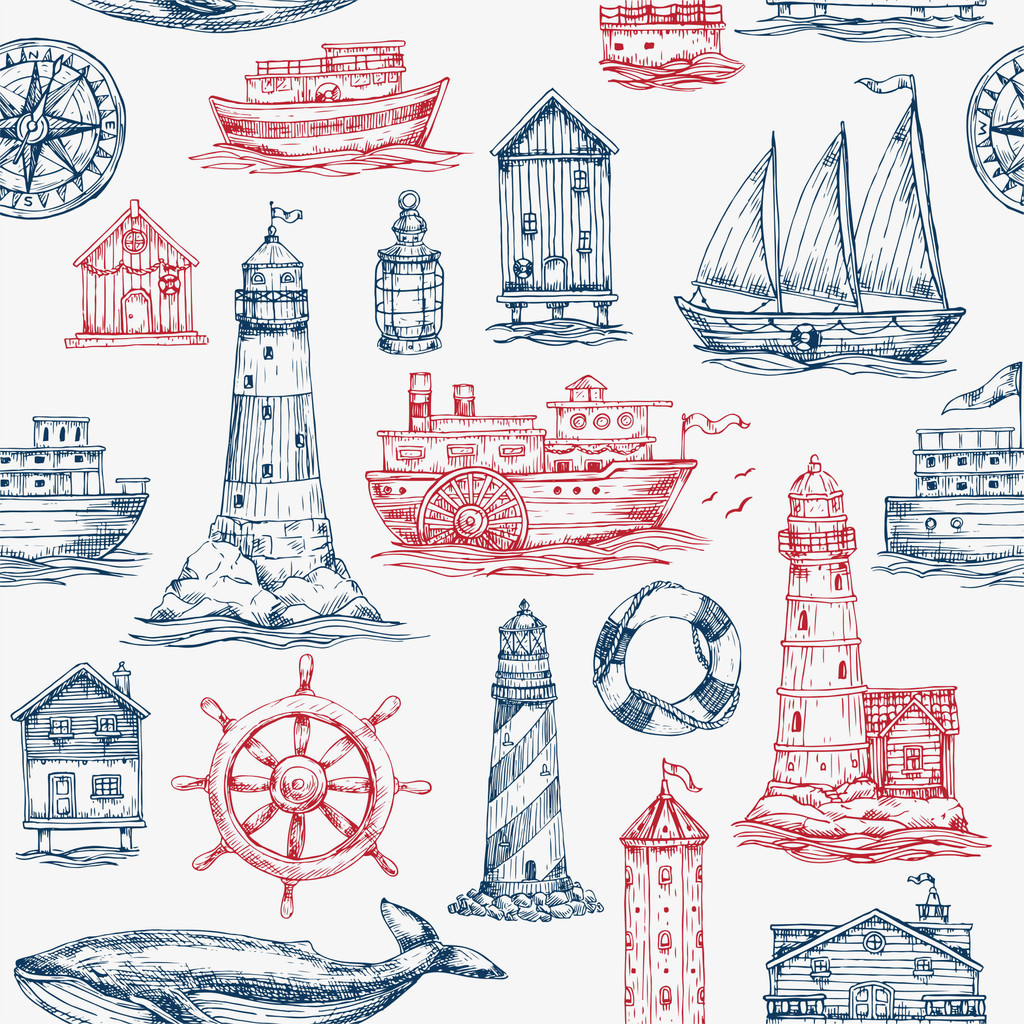 Granátovo-červená námorná tapeta - lampáš, kormidlo, lode, veľryba - Dekoori obrázok 1