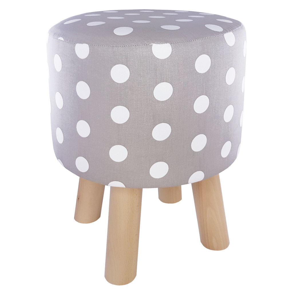 Puf na sedenie, taburetka z dreva, sivá, biele BODKY, polka dot - Lily Pouf obrázok 1