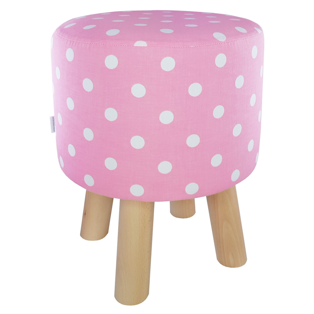 Ružová taburetka, stolček, puf v retro dizajne s poťahom s bielymi BODKAMI, polka dot - Lily Pouf obrázok 1