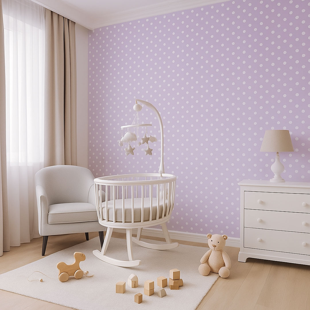 Bodkovaná tapeta vo fialovo bielej farbe, polka dot, bodky 2cm - Dekoori obrázok 2