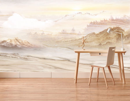 Béžová tapeta, piesková púšť, východ slnka, hory, les, boho štýl