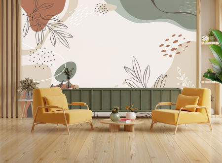 Umelecká dekoratívna tapeta, olivové vetvičky v béžovej a zelenej farbe, abstraktné tvary, boho štýl