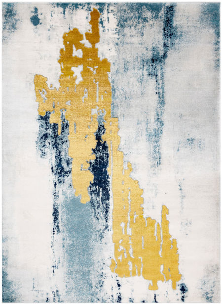 Umelecký glamour koberec, modrý, zlatý, žltý, farebné ťahy štetcom, moderný a vintage štýl