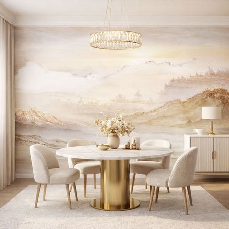 Béžová tapeta, piesková púšť, východ slnka, hory, les, boho štýl