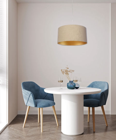 Béžová závesná lampa s velúrovým tienidlom, abažúrom v tvare valca so zlatým vnútrajškom NIGELLA