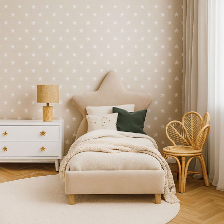 Béžová tapeta s bielymi hviezdami 5 cm