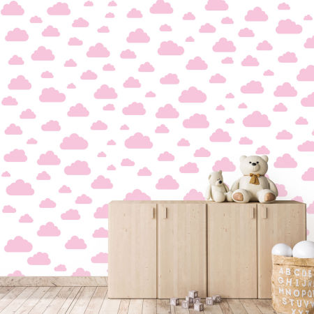 Biela tapeta s ružovými obláčikmi 7,5-24 cm