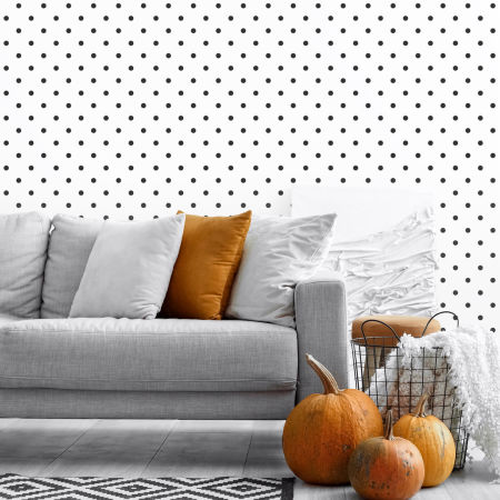 Biela tapeta s malými čiernymi bodkami 2 cm v pin-up štýle