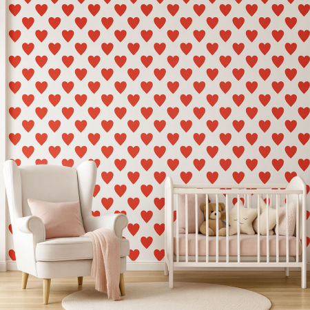 Biela tapeta s červenými srdiečkami, srdiečka 10 cm