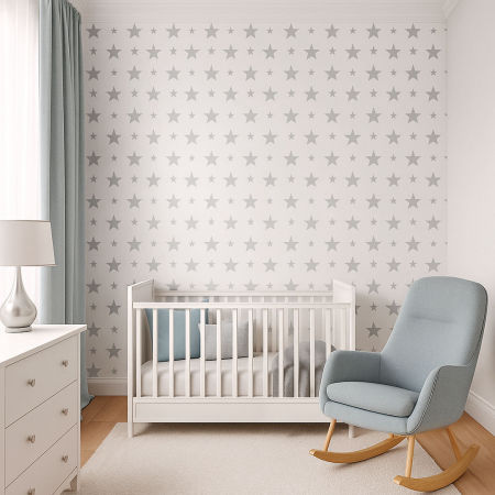 Biela tapeta so sivými hviezdami 15 a 7 cm