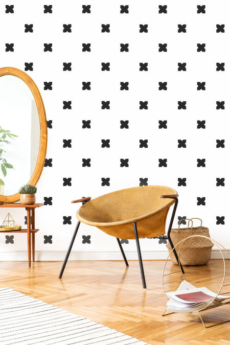 Bielo-čierna tapeta na stenu s krížikmi – iXami, rozostup káro (bielo-čierna verzia)