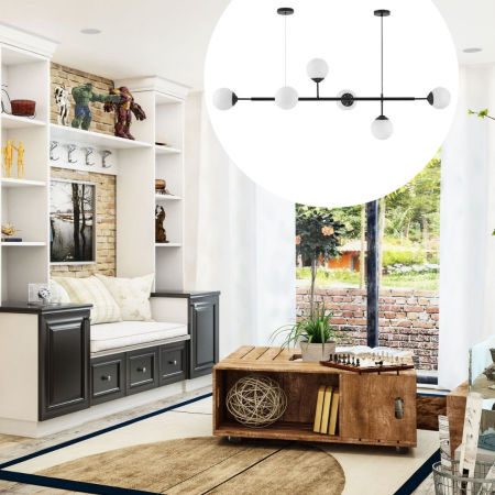 Čierny luster, guľovité tienidlá, závesné svietidlo, vodorovná trubica, dve okrúhle krytky - FINO