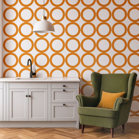 Biela tapeta s veľkými oranžovými kruhmi, kolieskami