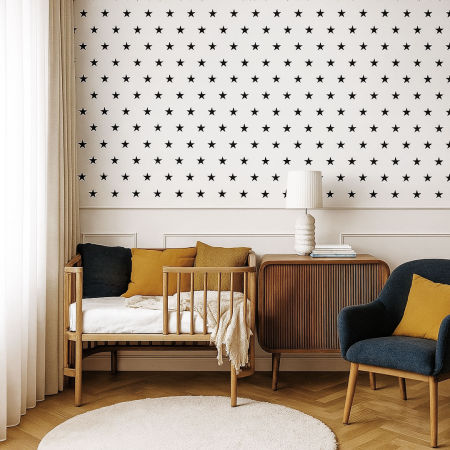 Biela tapeta s čiernymi hviezdami 5 cm