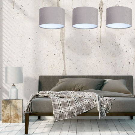 Sivo-biela závesná lampa KAMELIA v tvare valca s velúrovým tienidlom, abažúrom