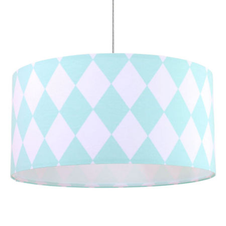 Mätovo-biela závesná lampa s valcovým tienidlom, abažúrom z velúru s veľkými kosoštvorcami