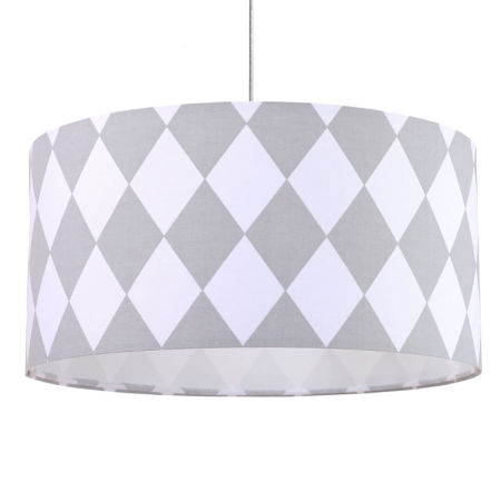 Sivo-biela závesná lampa s velúrovým abažúrom, tienidlom s veľkými kosoštvorcami