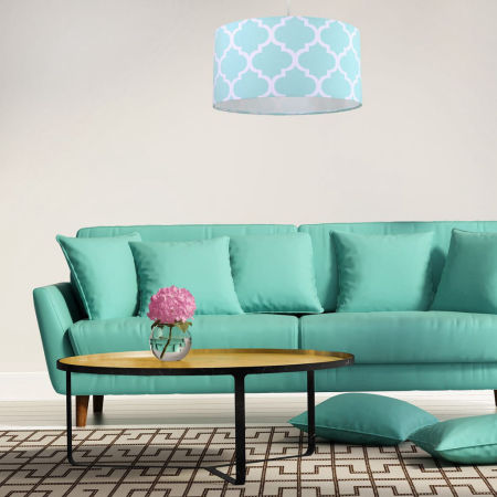 Mätová abažúrová závesná lampa MAROKO s tvare valca z velúru s bielou marockou ďatelinou