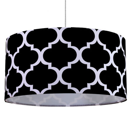 Čierno-biela závesná lampa MAROKO s velúrovým tienidlom v tvare valca s marockou ďatelinou