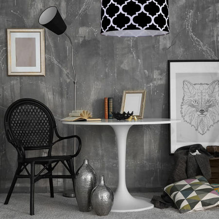 Čierno-biela závesná lampa MAROKO s velúrovým tienidlom v tvare valca s marockou ďatelinou