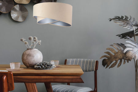 Béžovo-strieborná závesná lampa s asymetrickým velúrovým tienidlom REANNA