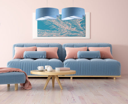 Modrá závesná lampa, velúrová s asymetrickým tienidlom, abažúrom s bielym vnútrajškom ALISON