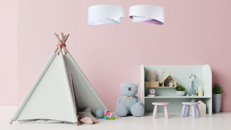 Biela závesná lampa s velúrovým asymetrickým tienidlom s pastelovými bodkami a s bielym vnútrajškom BELLA