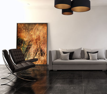 Čierna stropná lampa, stropnica s valcovými abažúrami, tienidlami z velúru so zlatým vnútrajškom FLOYD