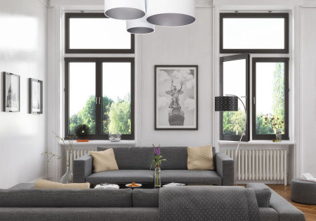 Biela stropná lampa s valcovými abažúrami, tienidlami z velúru so strieborným vnútrajškom, stropnica BEVIN