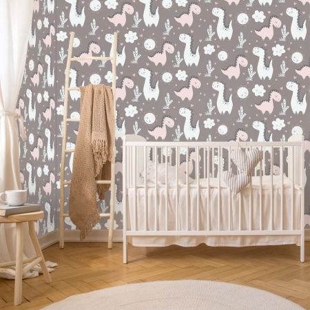 Detská tapeta – zaľúbené dinosaury, mätové a ružové, vyhrievajúce sa na plnom slnku