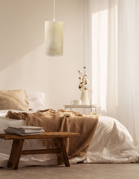 Prírodná, boho závesná lampa s abažúrom z ratanu, tienidlom v tvare valca ROTANG TUBA