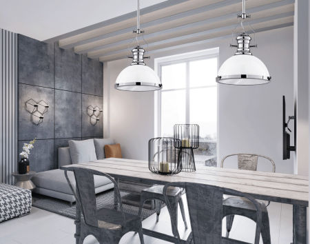 Industriálna loftová závesná lampa ETTORE, priemyselná kovová biela kupola na rúrke, chrómované časti