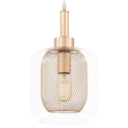 Módna loftová závesná lampa, svietidlo na zvise, BESSA GOLD, kovová sieťka, priehľadné sklo