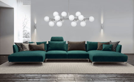 Dizajnové, vodorovné, chrómované závesné svietidlo PETRICA, tienidlá v tvare gule