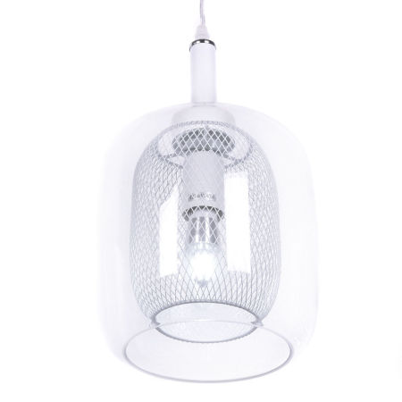 Trendová moderná závesná lampa, škandinávske závesné svietidlo, BESSA BIELA kovová sieťka, priehľadné sklo