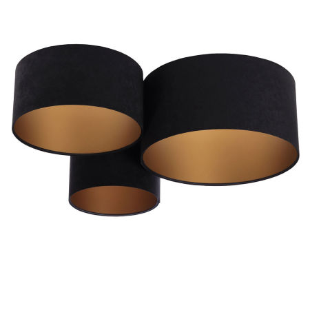 Čierna stropná lampa, stropnica s valcovými abažúrami, tienidlami z velúru so zlatým vnútrajškom FLOYD