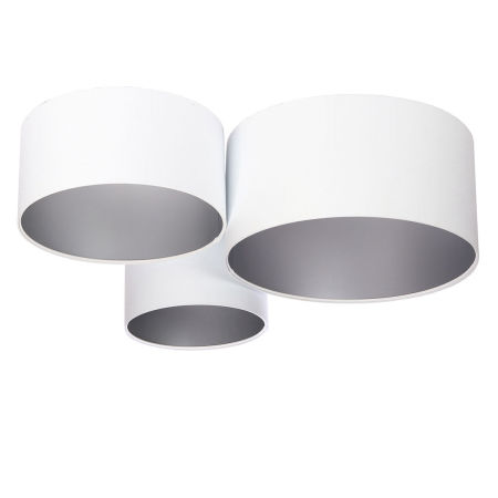 Biela stropná lampa s valcovými abažúrami, tienidlami z velúru so strieborným vnútrajškom, stropnica BEVIN