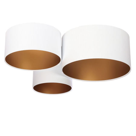 Biela stropná lampa, valcová stropnica s velúrovými abažúrami, tienidlami so zlatým vnútrajškom BEVIN