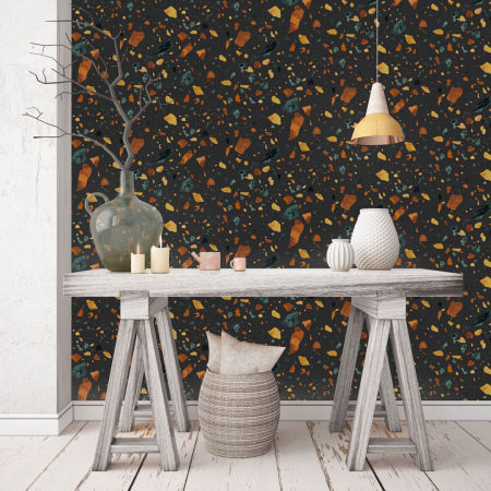 Čierna tapeta lastryko (terrazzo), nezvyčajný, zaujímavý vzor na stenu