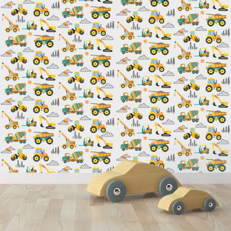 Tapeta s traktormi, ťahačmi, rýpadlami, nákladnými autami pre deti