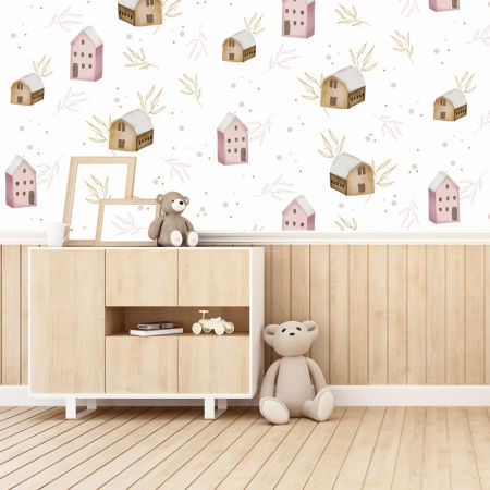 Rozprávková tapeta s chatami, mestskými domami a jemnými vetvičkami pre deti