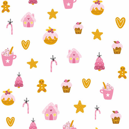 Tapeta s perníkmi, zdobenými perníčkami, šiškami, sušienkami a sladkosťami - s glazúrou a posypom