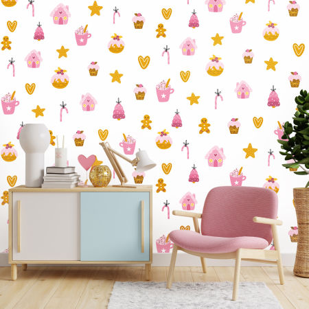 Tapeta s perníkmi, zdobenými perníčkami, šiškami, sušienkami a sladkosťami - s glazúrou a posypom