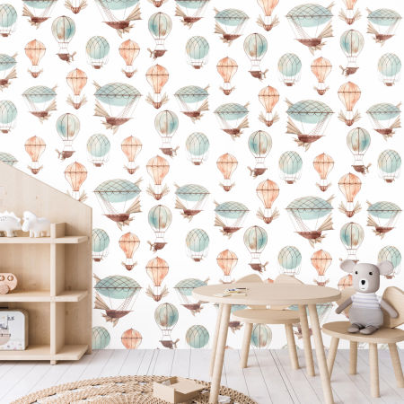 Biela tapeta s balónmi pre deti: lietajúce stroje a vzducholode priamo z rozprávky