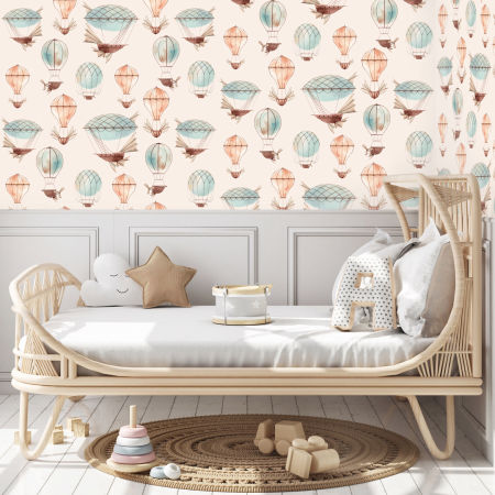 Detské tapety s balónmi, fantastickými lietajúcimi strojmi a vzducholoďami na béžovom pozadí