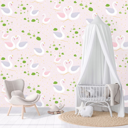 Tapeta s bielymi zaľúbenými labuťami plávajúcimi na rozprávkovom rybníku - do dievčenskej izby