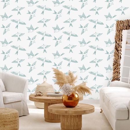 Tapeta s tyrkysovými lietajúcimi vtákmi v štýle BOHO na sivom pozadí